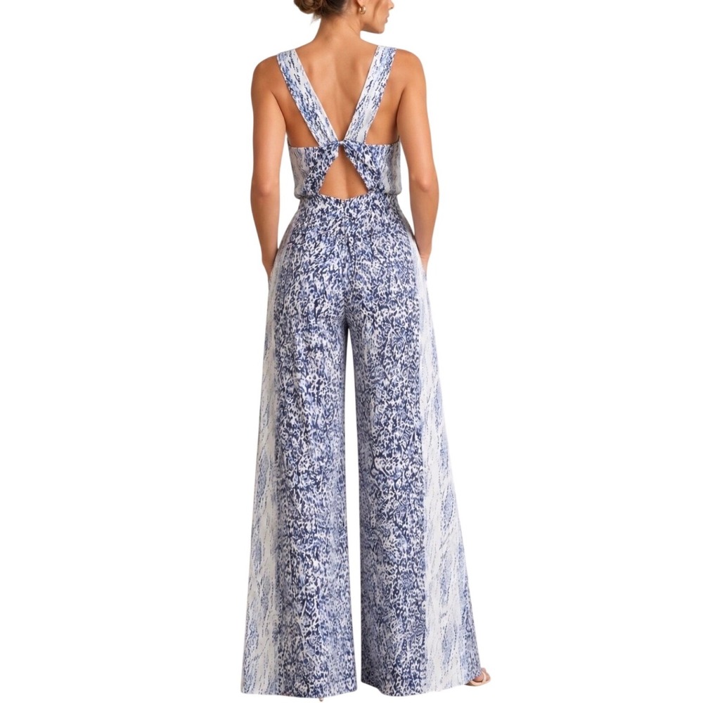Reiss Jumpsuit Ria Printed White Navy Abstract Cutout Wide Leg Size US 6 NEW - Picture 6 of 12